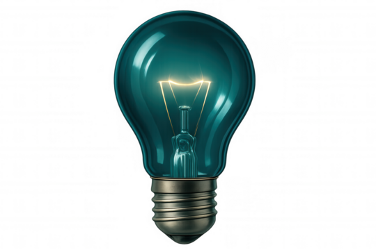 Teal light bulb glowing against transparent backdrop, representing innovative thinking and creative spark