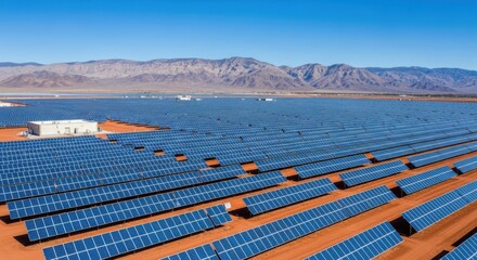 A vast solar panel farm stretches across the landscape, generating clean and renewable energy under a clear blue sky