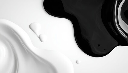 Abstract close-up of glossy black and white liquid, swirling and pooling in contrasting shapes on a smooth surface; creates a dynamic yin-yang effect