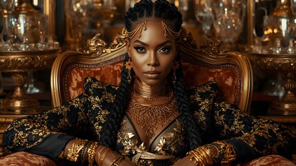 Fototapeta premium Elegant woman sitting on a luxurious golden throne wearing ornate jewelry and patterned attire, symbolizing royalty, power, fashion, wealth, luxury lifestyle and majestic sophistication