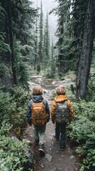 Two Young Brothers with Backpacks Hiking a Moody, Rain-Swept Forest Trail