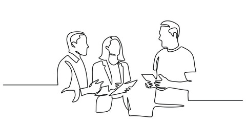 Continuous line drawing of a business team meeting and discussion