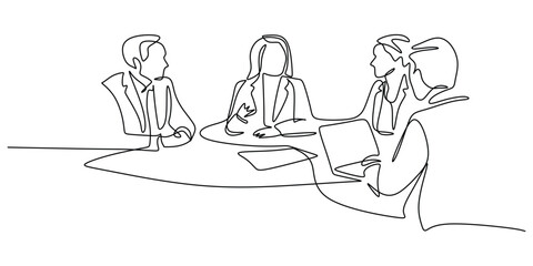 Continuous line drawing of a business team meeting at a round table