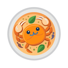 Cartoon crab in a soup bowl top down view