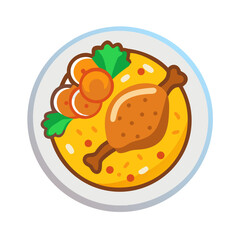 Cartoon flat lay of chicken drumstick on yellow rice