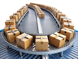 Cardboard Boxes Moving on a Conveyor Belt System shipping logistics isolated on a transparent background