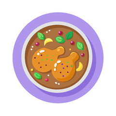 Cartoon Chicken Dish with Garnishes in Bowl on Black