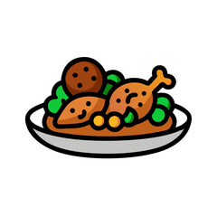 Chicken drumstick and cookie vector icon illustration on plate