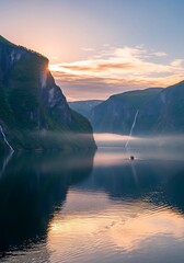 Misty Fjord Sunrise with Majestic Mountains.