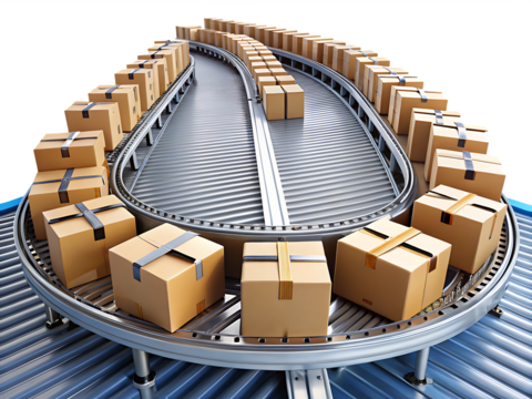 Cardboard Boxes Moving on a Conveyor Belt System shipping logistics isolated on a transparent background