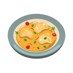 Vector illustration of delicious dumpling soup, top view on plate