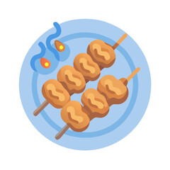 Stylized meatball skewers on a light blue plate graphic