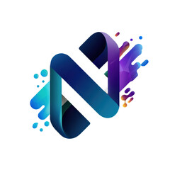 Abstract Modern Digital Letter N with Blue Purple Splash Effects on White Background