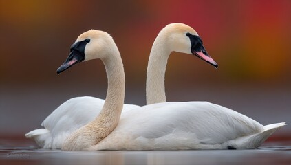 Obraz premium Two trumpeter swans gracefully positioned on the water.