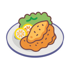 Fried chicken cartoon with lemon and lettuce on plate