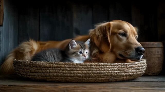 Golden Retriever and Tabby Kitten Cuddling Together in a Cozy Basket Indoors