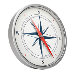 Classic metal compass with red needle pointing direction on black background © MDOsman