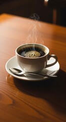 Obraz premium Steaming Coffee Cup on Wooden Table, Close-up View.