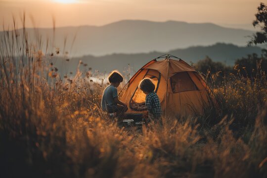 Golden Hour Memories: Young Boys Camping Amidst Mountains and Wild Grass - Powered by Adobe