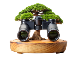 Close-up of Binoculars Mounted on a Bonsai Tree Trunk miniature plant isolated on a transparent background