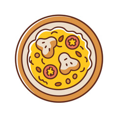 Stylized cartoon pizza on plate with mushroom and tomato
