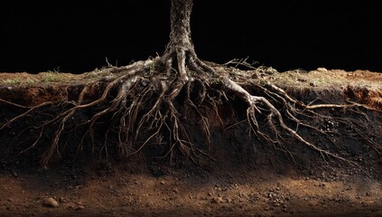 Tree roots spread wide in dark earth