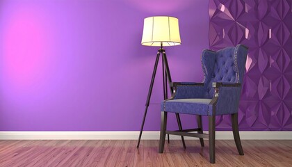 A stylish, contemporary room featuring a stately wingback chair, a tripod lamp, and a vibrant purple backdrop.