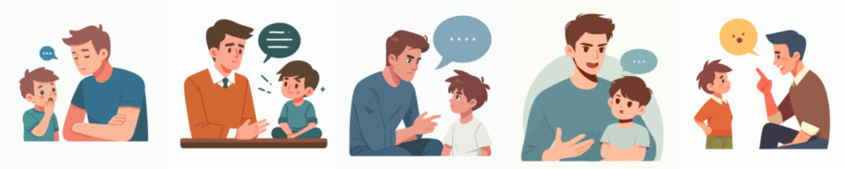 Cartoon Style Father and Son Communication Illustration Set with Speech Bubble