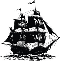 Vintage Sailing Ship Vector – Black and White Illustration of Classic Tall Ship with Billowing Sails and Stylized Waves