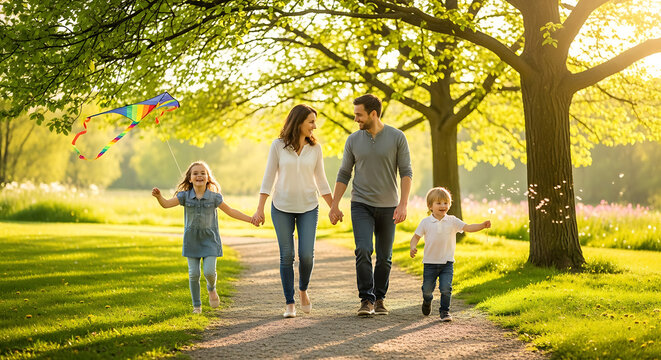 A family of four walking on a path in a park with a kite on a sunny day surrounded by green trees
