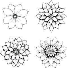 Floral Head Vector Set &ndash; Intricate Black and White Hand-Drawn Flowers with Detailed Petals for Tattoos, Decor, and Design