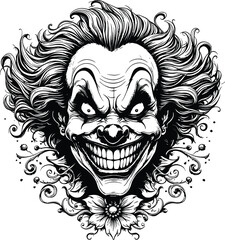 Sinister Clown Vector Illustration – Creepy Grinning Face with Wild Hair and Ornamental Floral Accents in Black and White Style