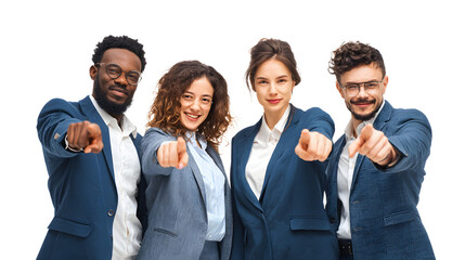 Diverse team of four professionals pointing forward with confident expressions.