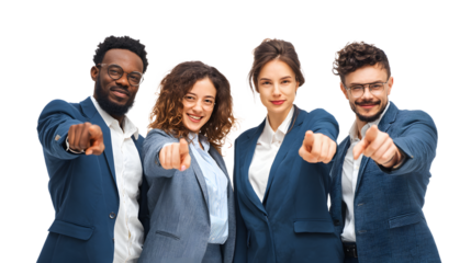 Diverse team of four professionals pointing forward with confident expressions.