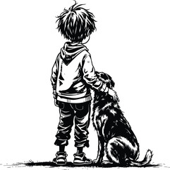 Boy and Dog Vector Illustration – Emotional Black and White Sketch of Child with Pet in Heartfelt Companion Pose for Storytelling