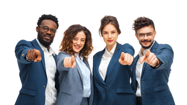 Diverse team of four professionals pointing forward with confident expressions.