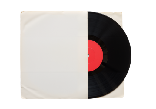 Vintage black vinyl record with red label in white paper sleeve on a transparent background