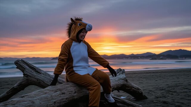 初日の出をバックにビーチで馬の着ぐるみで佇む女性。2026年午年の年賀動画素材