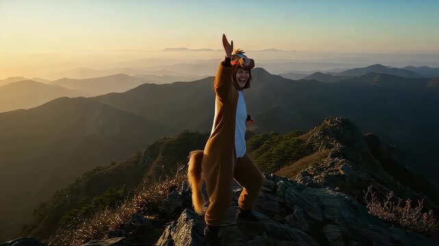 山頂で馬の着ぐるみを着て初日の出を喜ぶ女性。2026年午年の年賀動画素材