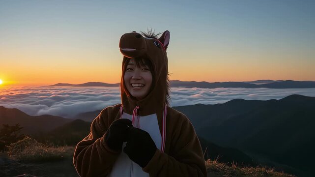 山頂で馬の着ぐるみを着て初日の出を眺める女性。2026年午年の年賀動画素材