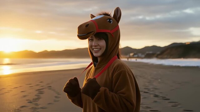 ビーチで馬の着ぐるみと笑顔でダンスする女性。2026年午年の年賀動画素材