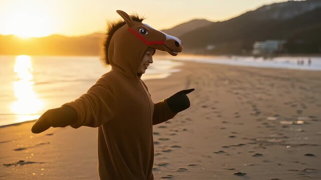 ビーチで馬の着ぐるみで笑顔で回転して踊る女性。2026年午年の年賀動画素材