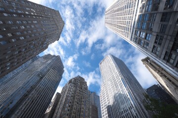 Obraz premium Low-angle view of skyscrapers against a partly cloudy sky