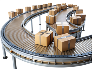 Conveyor Belt System Transporting Cardboard Packages on Background boxes isolated on a transparent background