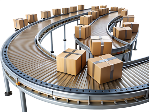 Conveyor Belt System Transporting Cardboard Packages on Background boxes isolated on a transparent background