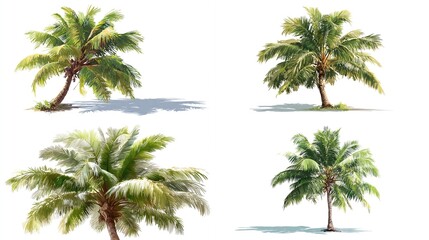 Four detailed illustrations of coconut palm trees, varying in size, angle, and leaf color, isolated on a white background, showcasing their lush foliage and shadows