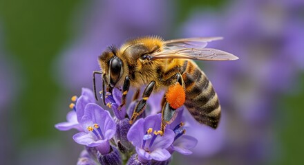 Honeybee Pollinating Lavender Flower in Close-up, Apis mellifera on Purple Bloom