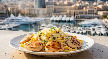 Chicken Alfredo Pasta Overlooking a Monaco Harbor, Luxurious Lunch of Pasta Dish and a View of Yachts and Buildings in Monaco, Culinary Delight: Chicken Alfredo with a Monaco Marina Backdrop