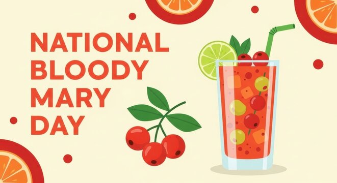 A vibrant illustration celebrating national bloody mary day with a garnished cocktail and festive decorations