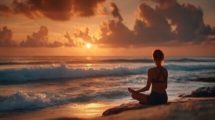 Fototapeta premium Golden Hour Serenity: Woman Meditating on Beach at Sunset